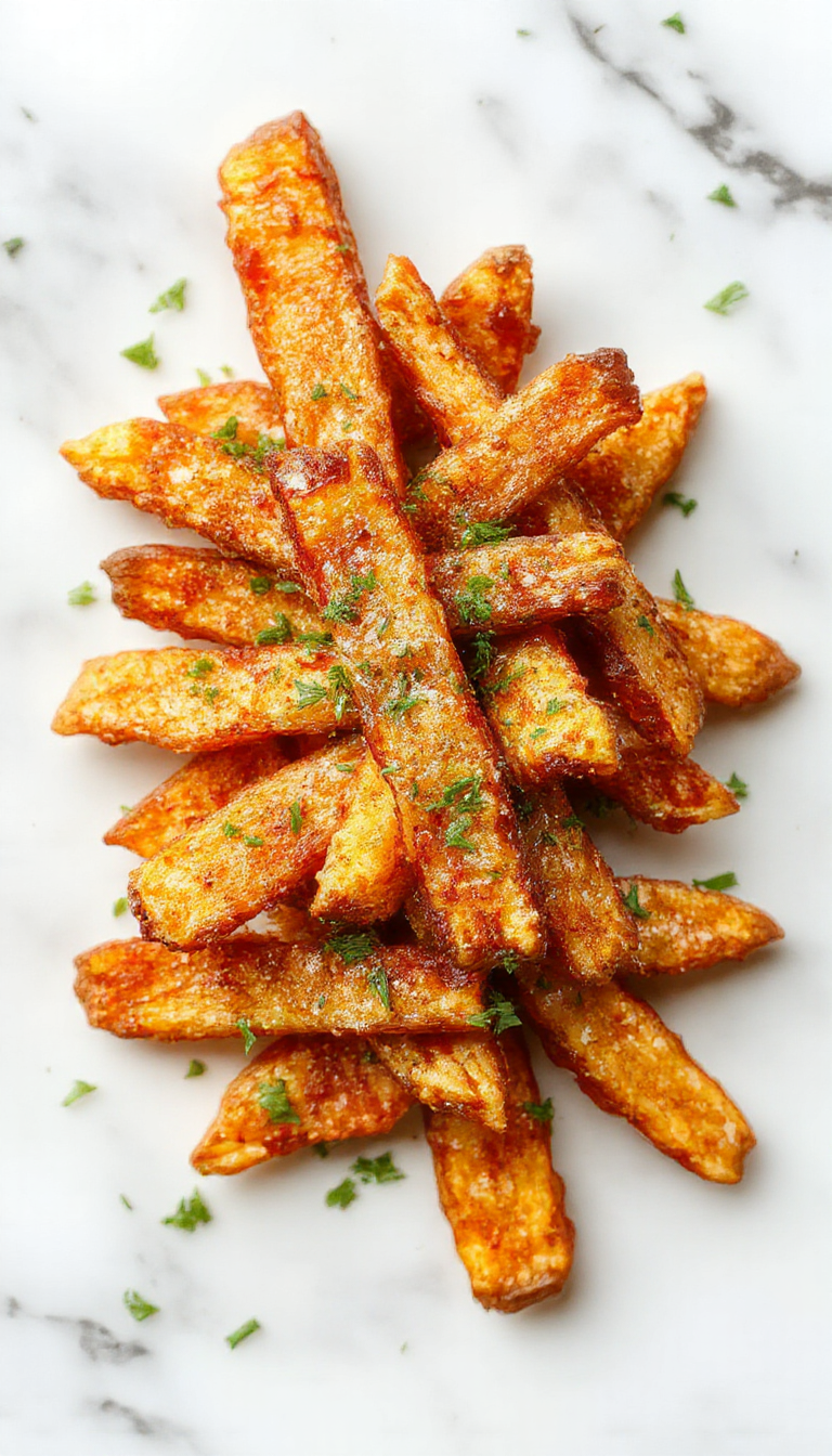 Golden crispy sweet potato fries served on a rustic wooden plate, garnished with a sprinkle of herbs and a side of dipping sauce.