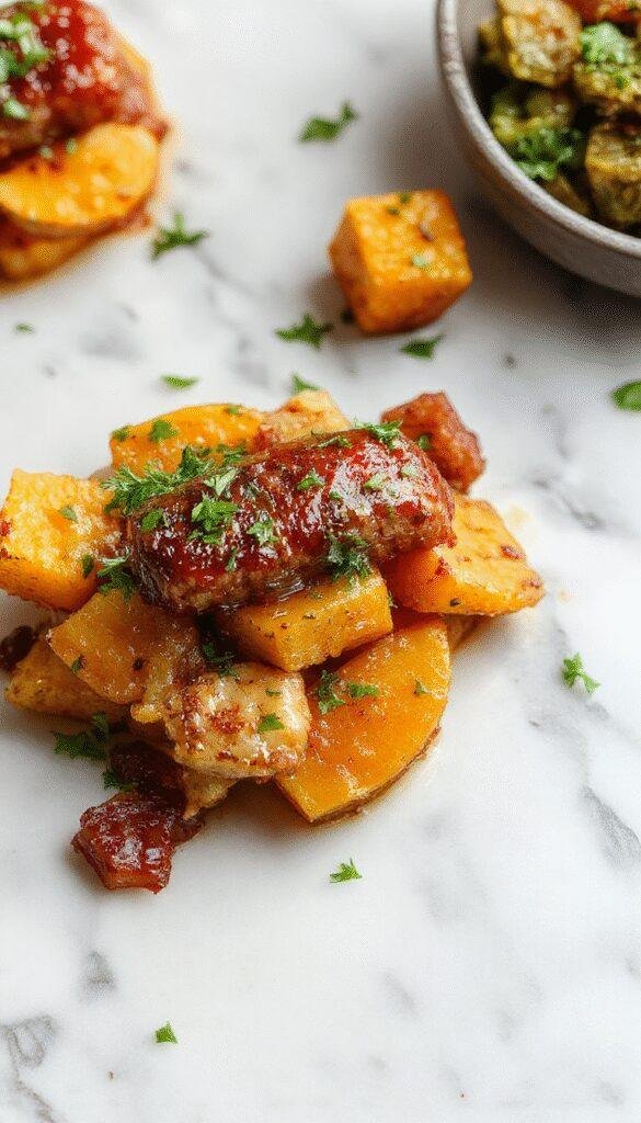 A skillet featuring golden honey garlic sausage slices paired with roasted sweet potatoes, garnished with fresh herbs, on a rustic wooden table.