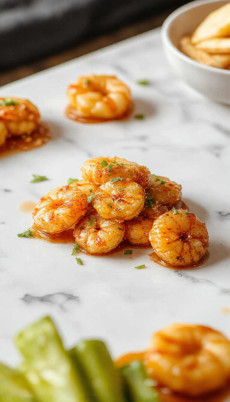 Colorful plate featuring crispy shrimp coated in glossy honey glaze, topped with crunchy walnuts and garnished with green herbs, served on a white ceramic dish with a vibrant background.