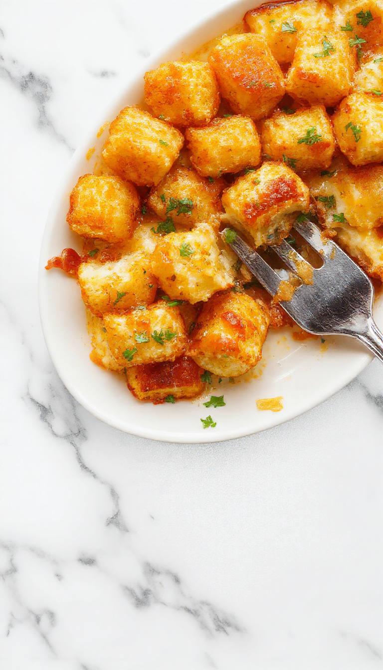 A hearty Golden Tater Tot Casserole served in a baking dish, topped with melted cheese and crispy golden tater tots.
