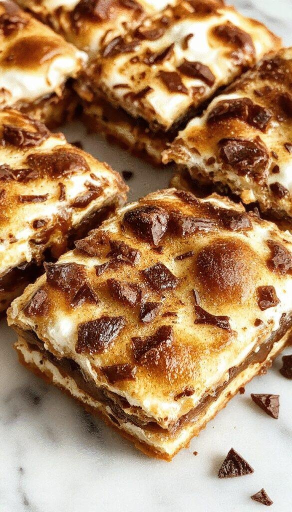 A close-up of gooey s'mores bars with melted chocolate, toasted marshmallows, and graham cracker crust, arranged on a rustic wooden table.
