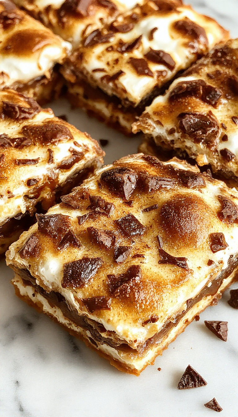 A close-up of gooey s'mores bars with melted chocolate, toasted marshmallows, and graham cracker crust, arranged on a rustic wooden table.