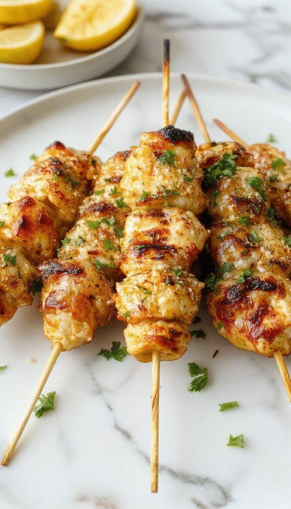 Colorful grilled garlic Parmesan chicken skewers arranged on a platter, garnished with fresh herbs and lemon wedges, perfect for summer cookouts.