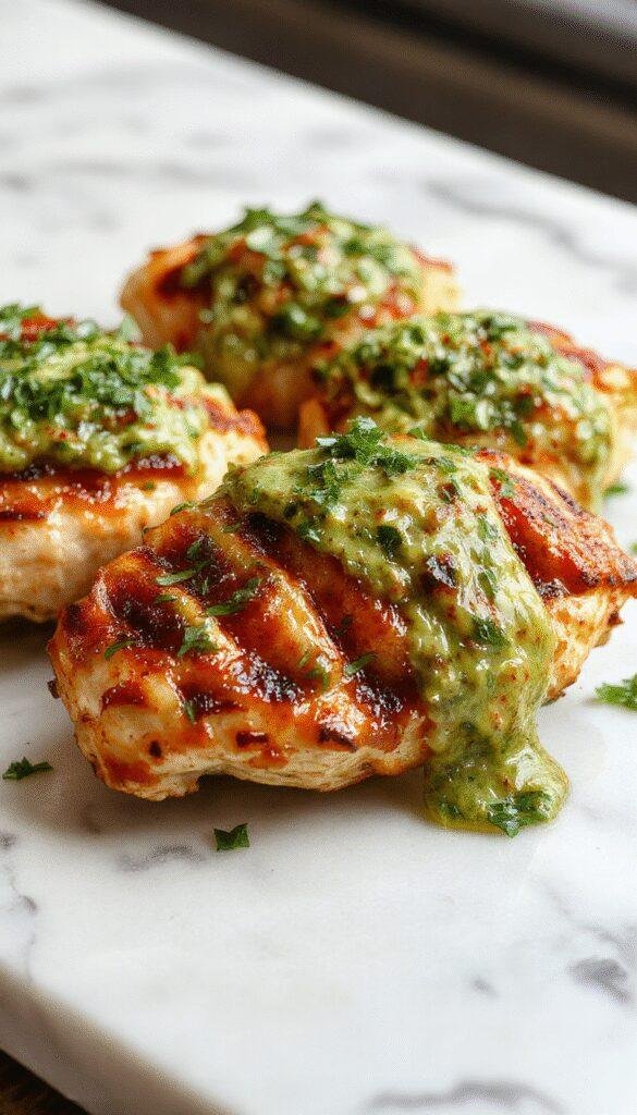 Colorful grilled chicken breast topped with vibrant green salsa verde, melted pepper jack cheese, garnished with fresh cilantro, served on a rustic plate with charred grill marks, with a background of fresh ingredients and a summer outdoor setting.