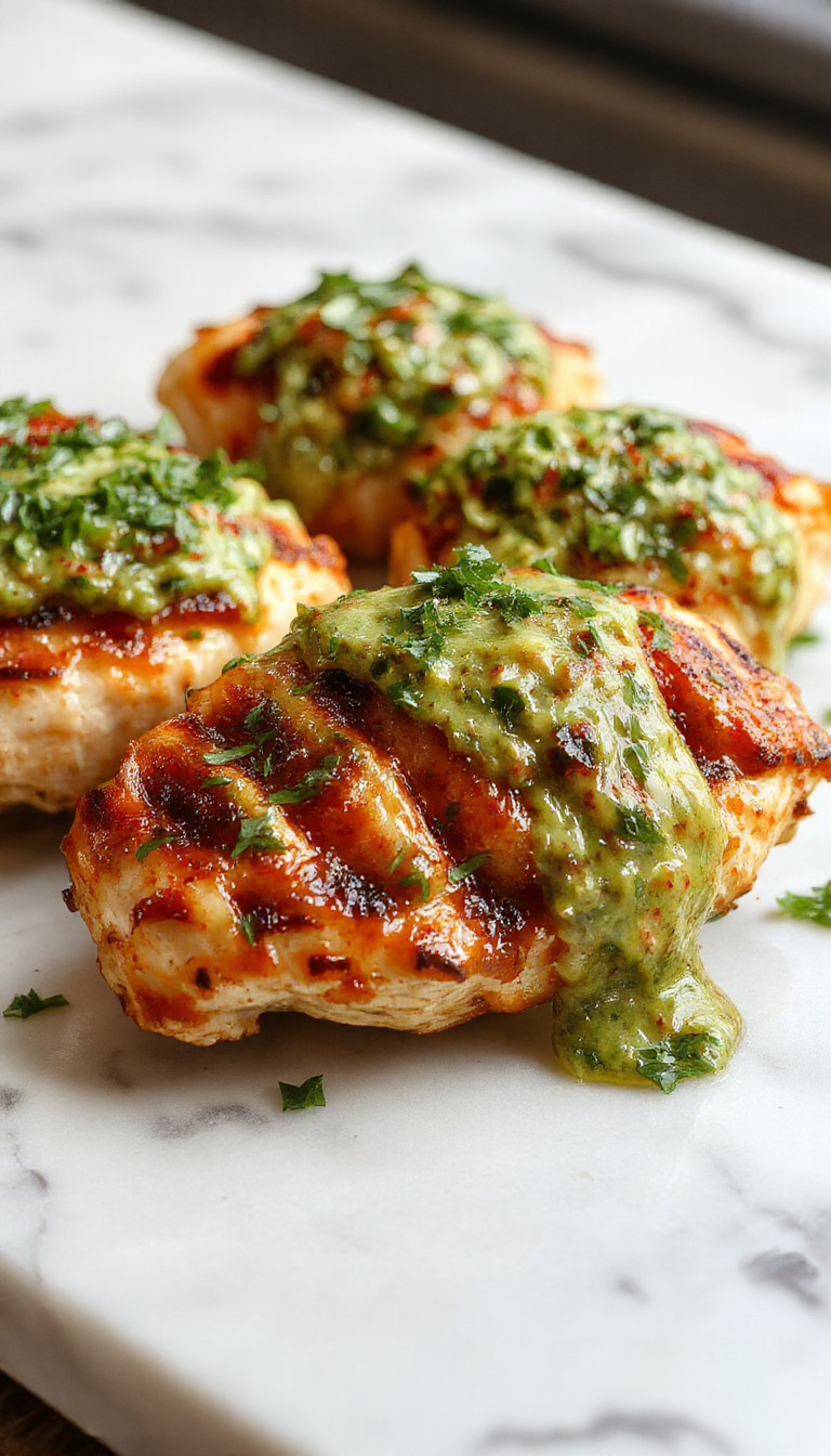 Colorful grilled chicken breast topped with vibrant green salsa verde, melted pepper jack cheese, garnished with fresh cilantro, served on a rustic plate with charred grill marks, with a background of fresh ingredients and a summer outdoor setting.