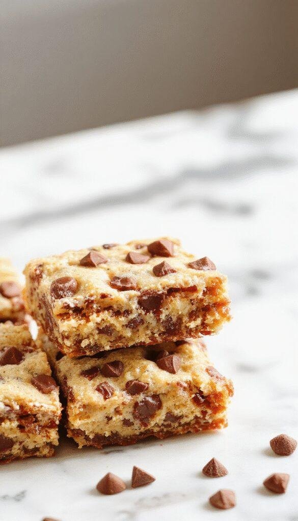 A close-up of luscious no-bake cookie dough bars on a rustic wooden plate, garnished with chocolate chips and a drizzle of melted chocolate.