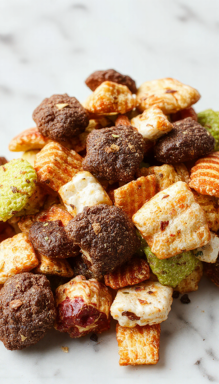 A spooky Halloween-themed Munch Mix featuring colorful candies, pretzels, popcorn, and edible decorations arranged in a haunted harvest bowl