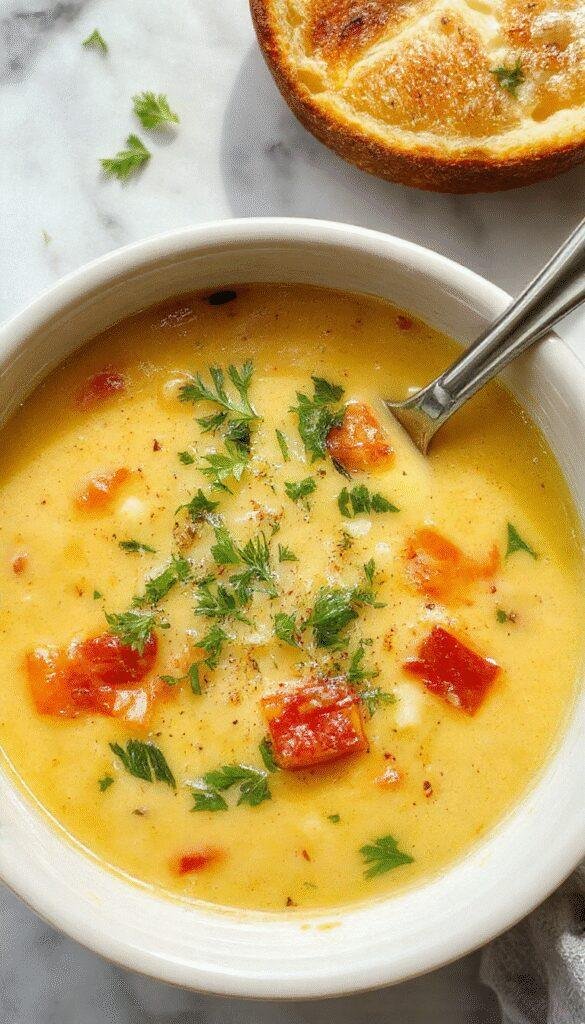 A steaming bowl of Italian Penicillin Soup featuring a vibrant orange broth with visible chunks of tender chicken, aromatic herbs, and fresh vegetables, garnished with chopped parsley on a rustic wooden table