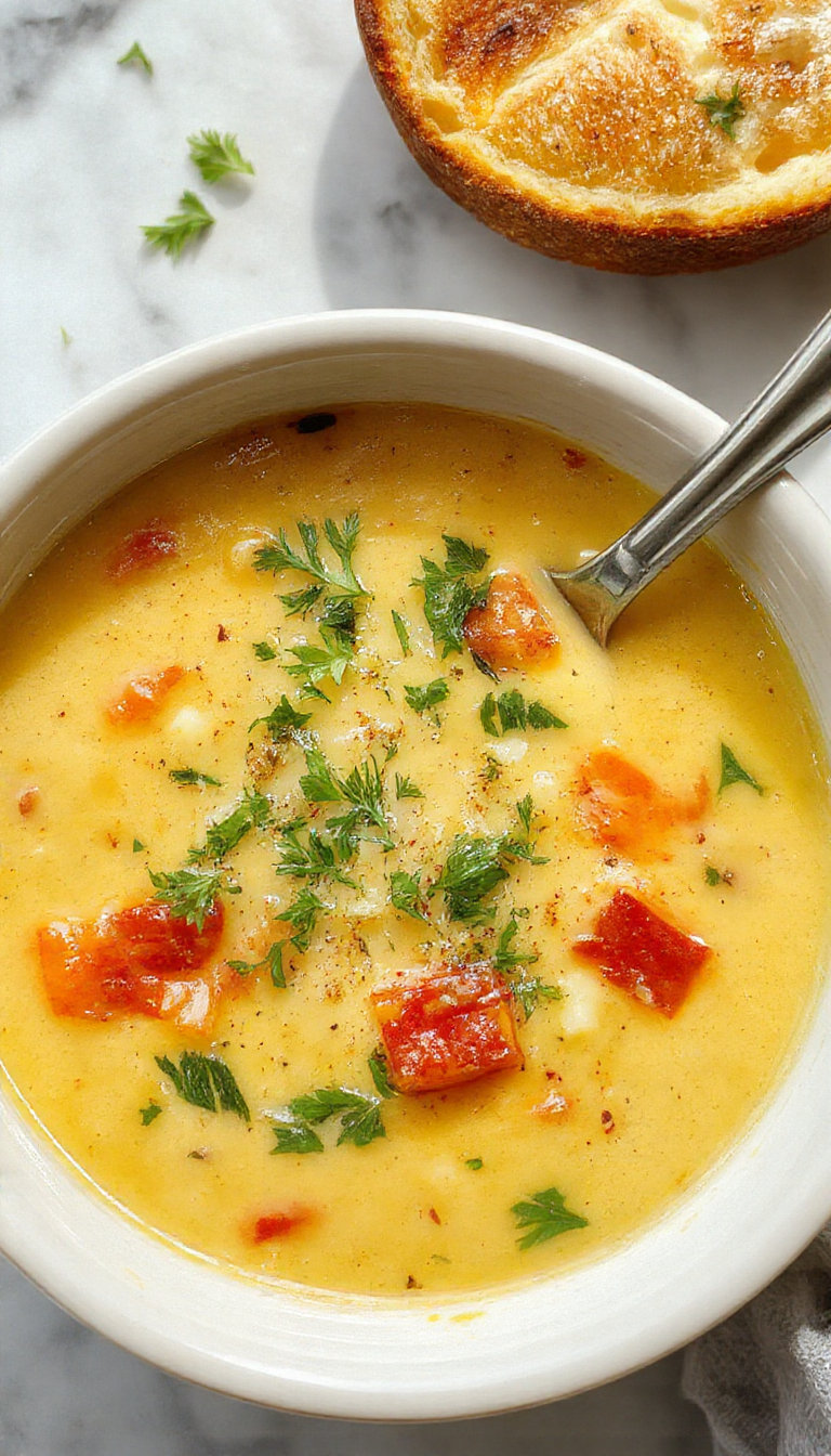 A steaming bowl of Italian Penicillin Soup featuring a vibrant orange broth with visible chunks of tender chicken, aromatic herbs, and fresh vegetables, garnished with chopped parsley on a rustic wooden table