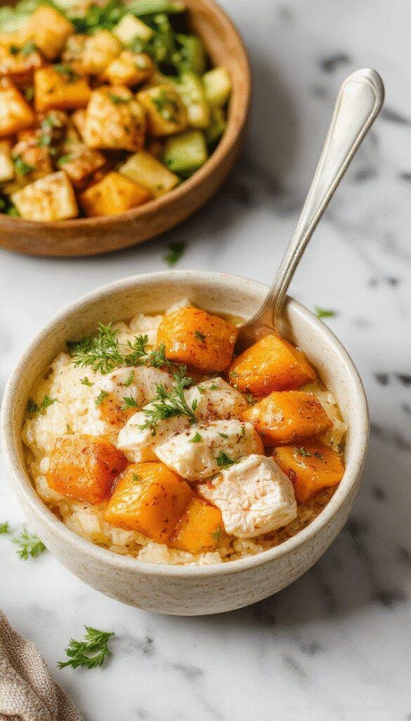 A colorful rice bowl featuring tender grilled chicken pieces, roasted sweet potato chunks, vibrant green spinach, and a sprinkle of sesame seeds, all arranged on a white ceramic plate with a drizzle of sauce, garnished with fresh herbs, set against a rustic wooden table with natural lighting highlighting the textures and bright colors.