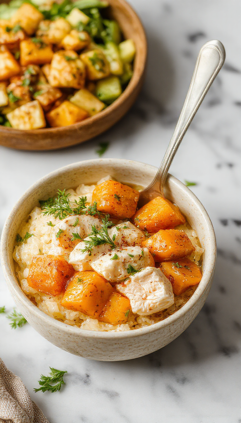 A colorful rice bowl featuring tender grilled chicken pieces, roasted sweet potato chunks, vibrant green spinach, and a sprinkle of sesame seeds, all arranged on a white ceramic plate with a drizzle of sauce, garnished with fresh herbs, set against a rustic wooden table with natural lighting highlighting the textures and bright colors.