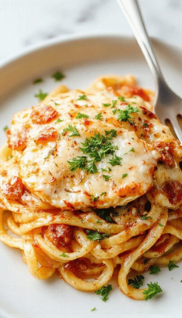 A close-up of a vibrant plate of garlic parmesan chicken pasta featuring tender chicken pieces coated in creamy sauce, sprinkled with fresh parsley and grated parmesan cheese. The dish is beautifully plated in a white ceramic bowl, with golden-brown garlic bread slices beside it. Bright lighting highlights the rich textures and appetizing colors of the pasta and chicken, creating an inviting and mouth-watering presentation.