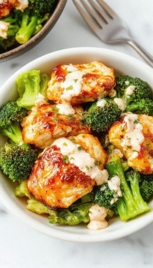 A colorful plate featuring grilled chicken slices nestled atop vibrant steamed broccoli florets, drizzled with a smooth, creamy garlic sauce, garnished with herbs, styled on a white ceramic dish with a rustic wooden background, emphasizing textures and fresh ingredients.