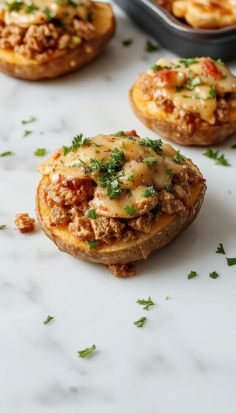 Colorful ground turkey and sweet potato bake in a rustic ceramic dish, topped with fresh herbs and lightly browned edges, styled on a wooden table with vibrant vegetables in the background