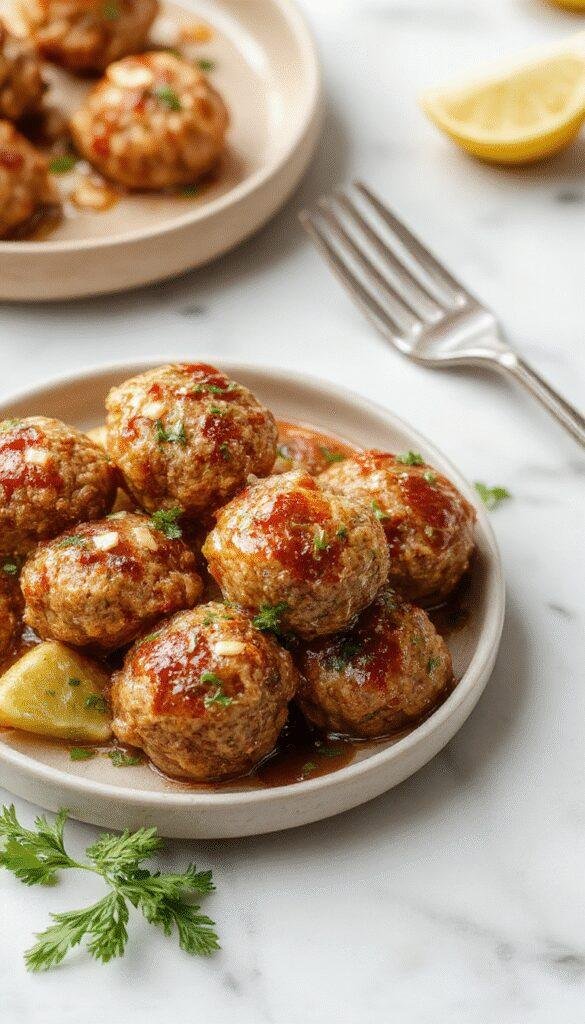 A close-up of golden-brown turkey meatballs glazed with honey and garlic sauce, arranged on a white plate with fresh herbs and a side of steamed vegetables, with a rustic wooden background and soft natural lighting highlighting the glossy sauce and tender texture.