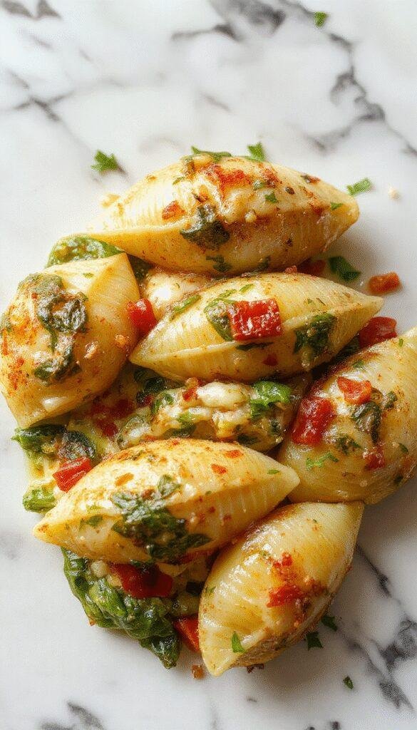 A colorful plate of baked spinach and ricotta stuffed pasta shells arranged neatly on a white dish, topped with melted golden cheese, fresh spinach leaves, and a sprinkle of herbs. The vibrant green spinach contrasts with creamy white ricotta and golden-brown edges of the shells, styled with a rustic wooden background for an inviting, wholesome appearance.