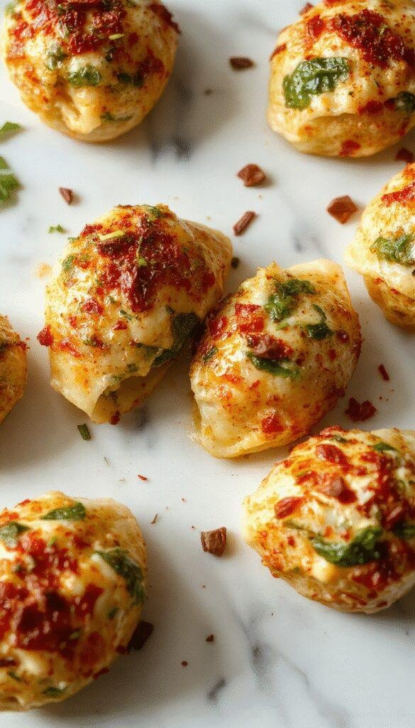 A vibrant plate featuring large, cooked pasta shells generously filled with creamy ricotta and chopped spinach, topped with a light tomato sauce and sprinkled with fresh herbs, presented on a white ceramic plate with a rustic wooden background.