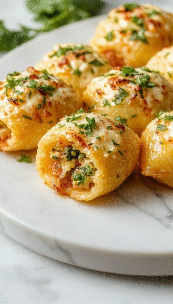 Colorful platter of baked stuffed pasta shells topped with melted cheese, vibrant green spinach, creamy ricotta filling, garnished with fresh herbs, styled on a rustic plate with a side of leafy greens.