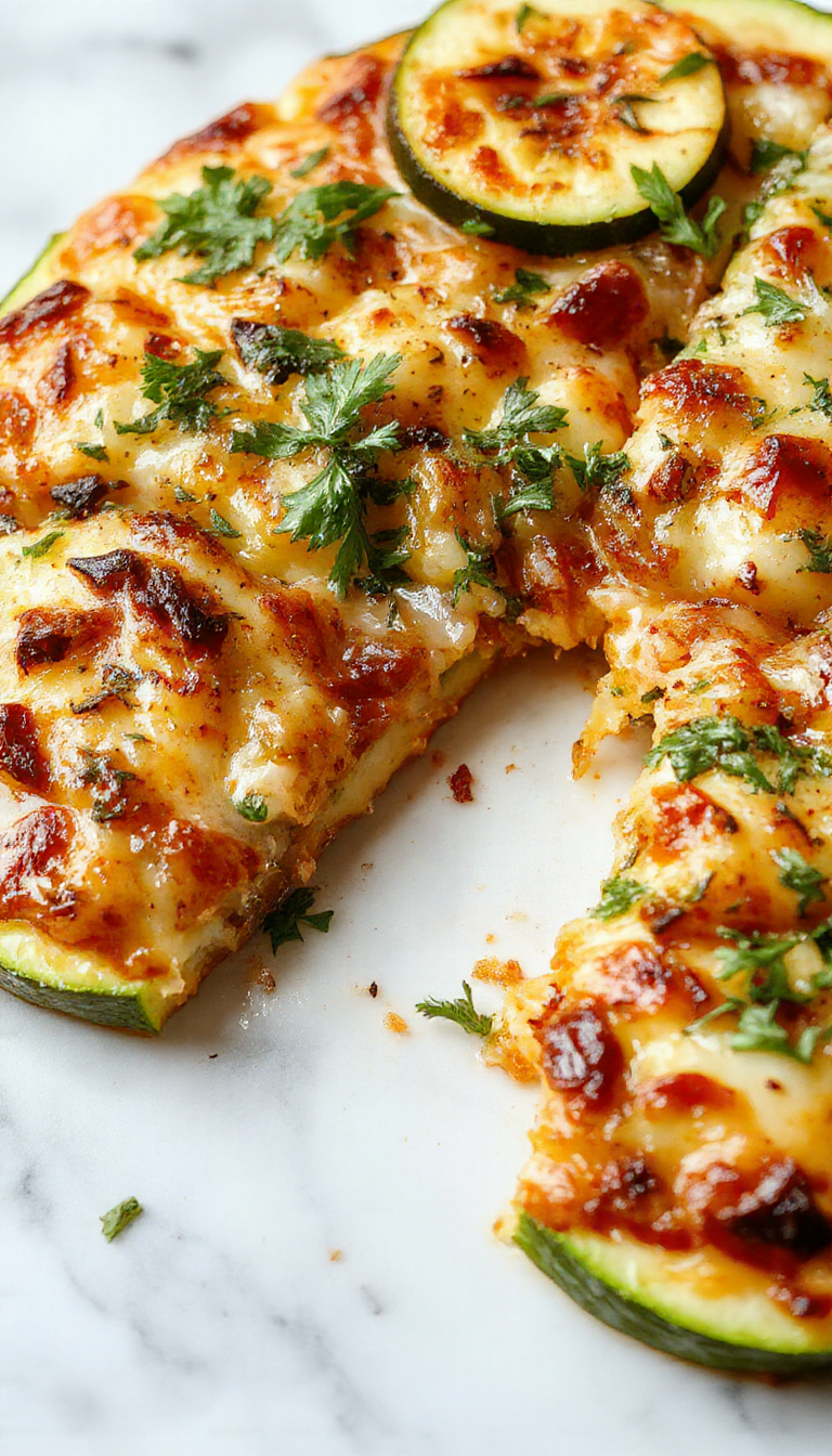 A vibrant zucchini pizza casserole in a square baking dish garnished with fresh basil, melted cheese bubbling on top, with slices revealing layers of zucchini, tomato sauce, and cheese, against a rustic wooden background with a sprinkle of herbs.