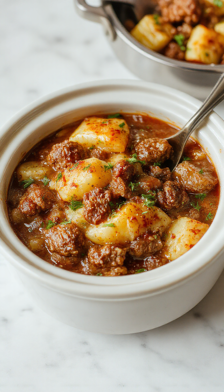 A cozy casserole dish featuring layers of golden-brown potatoes, tender ground beef, and melted cheese, garnished with fresh herbs, served on a rustic white plate with a side of green vegetables, captured in warm lighting emphasizing the creamy textures and hearty ingredients
