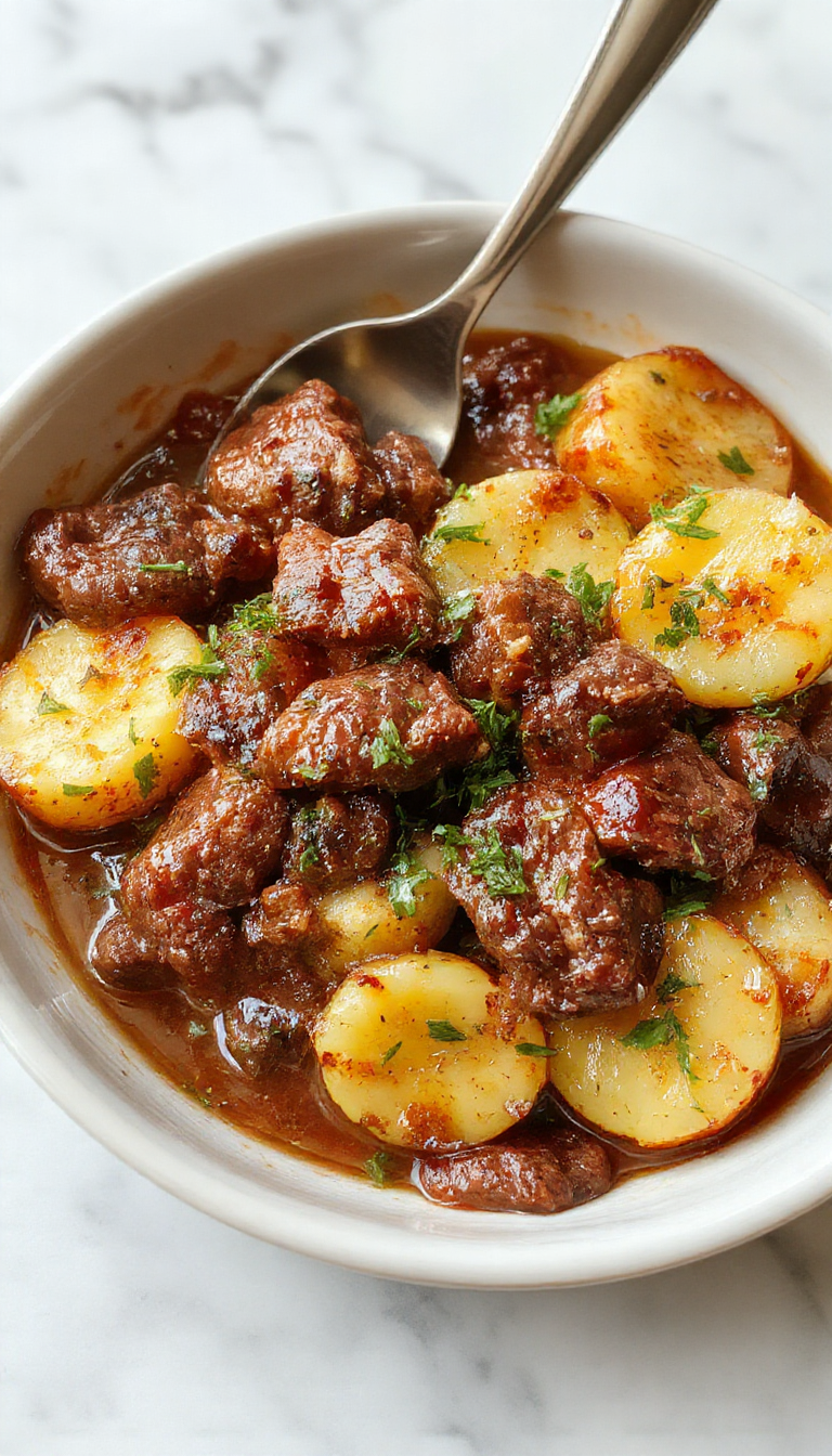 A hearty beef and potato bake in a rustic baking dish, topped with melted cheese and fresh herbs, ready to serve a comforting meal.