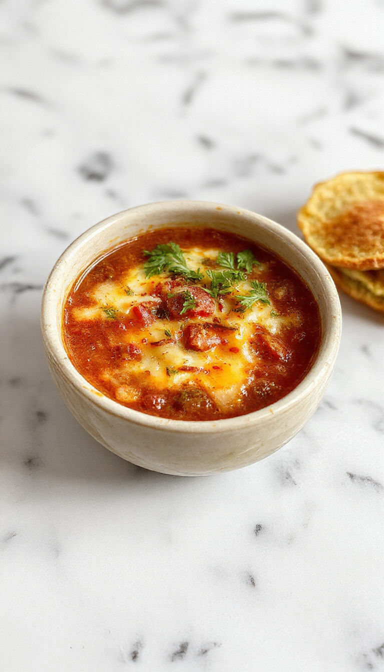A vibrant bowl of Chile Relleno Soup featuring bright red and green hues from roasted peppers, topped with melted cheese, fresh cilantro, and a dollop of sour cream. The bowl is garnished with crisp tortilla strips on a rustic wooden table, creating a colorful and inviting presentation with a bubbling, creamy texture.