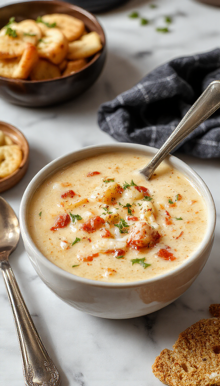 A rustic bowl of creamy cowboy soup with tender beef chunks, corn, and beans, topped with fresh herbs, served on a wooden table with a spoon, vibrant colors, and creamy texture visible.