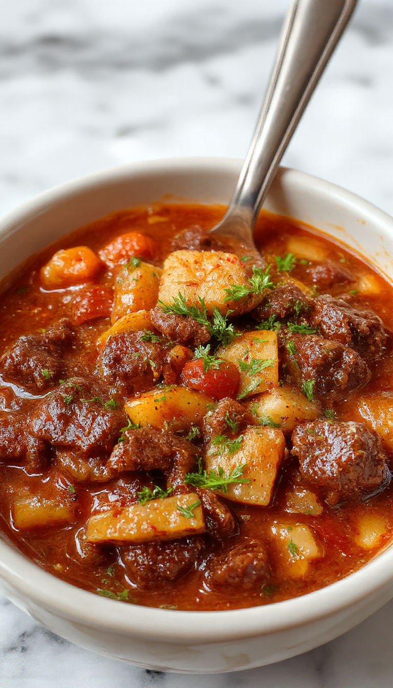 A rustic bowl of hearty beef stew featuring tender chunks of beef, vibrant carrots, potatoes, and green peas in a thick, flavorful broth. The stew is garnished with fresh parsley and served on a wooden table with warm lighting highlighting the rich textures and inviting colors.