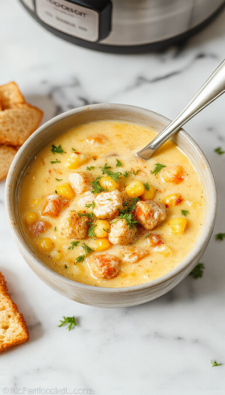 A steaming bowl of creamy chicken corn chowder garnished with fresh herbs, surrounded by corn kernels, shredded chicken, and diced potatoes on a rustic wooden table, showcasing a smooth, hearty texture with vibrant yellow and white hues reflecting the warm, comforting meal.
