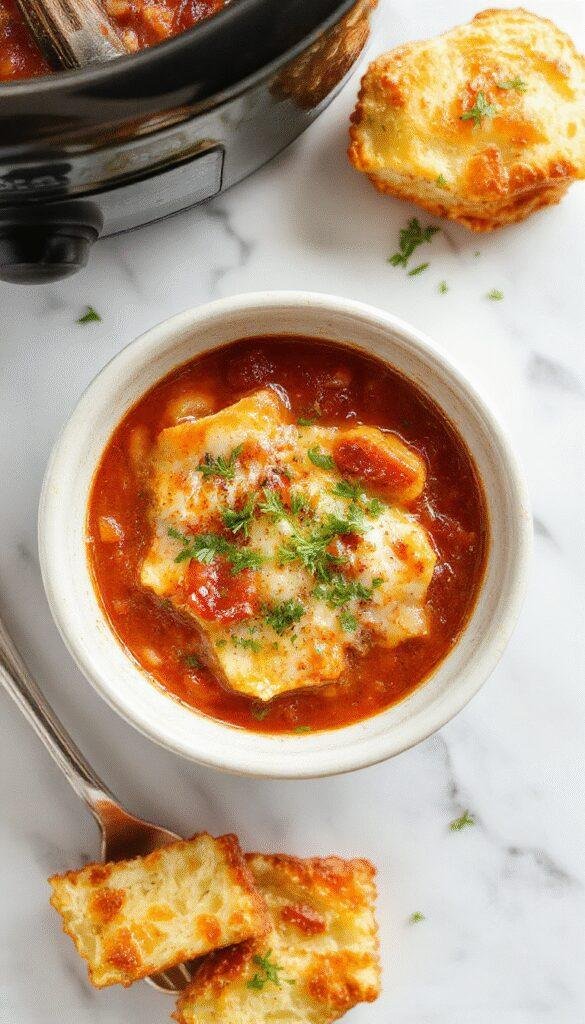 A vibrant bowl of crockpot lasagna soup featuring layered ingredients like melted cheese, tender pasta, ground meat, and fresh herbs, served with a sprinkle of grated cheese on top, surrounded by rustic kitchen elements and a warm, inviting atmosphere.
