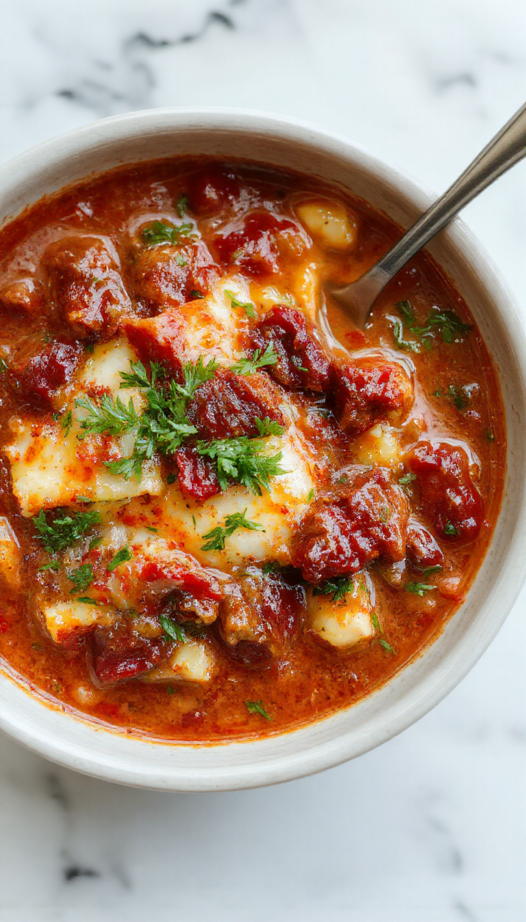 A vibrant bowl of lasagna soup featuring layers of rich tomato broth, melted cheese, and crumbled ground meat, garnished with fresh basil, served alongside crusty bread on a rustic wooden table