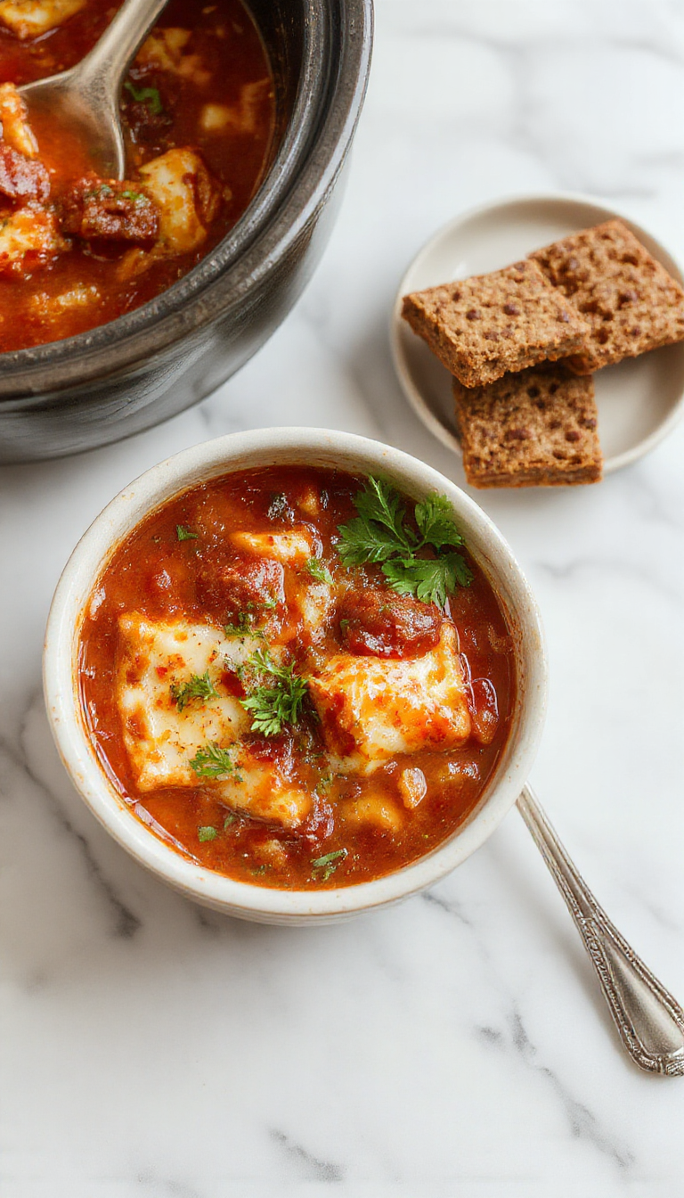 A vibrant bowl of crockpot lasagna soup featuring chunky tomato broth, melted mozzarella cheese, fresh basil garnish, and layered lasagna noodles, all beautifully arranged on a rustic wooden table with steam rising to showcase its warm, comforting textures and colorful ingredients.