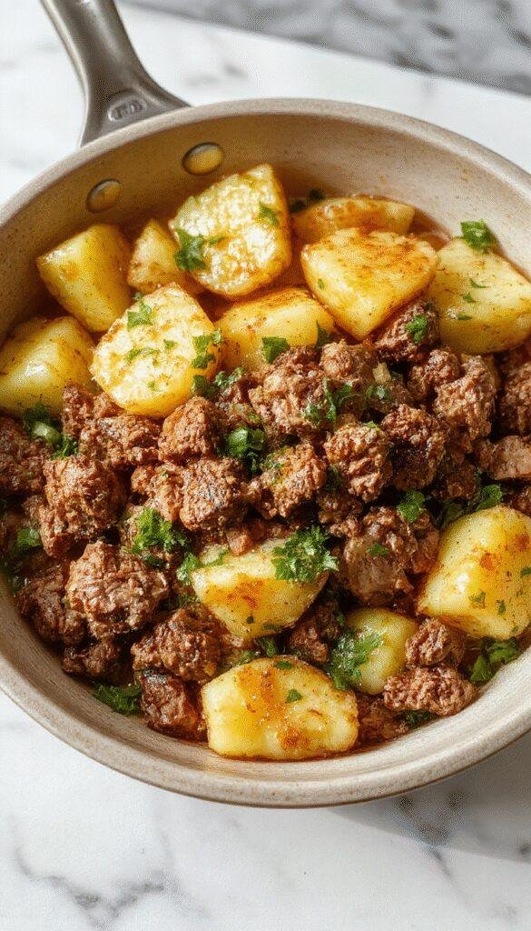 A vibrant skillet meal featuring golden-brown ground turkey cooked with sliced rustic potatoes, garnished with fresh herbs, served on a white plate with colorful vegetables in the background, showcasing a warm and hearty appearance with crispy textures and seasoned toppings.