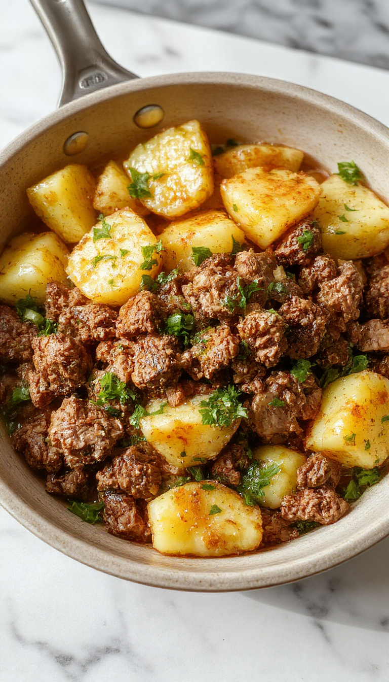 A vibrant skillet meal featuring golden-brown ground turkey cooked with sliced rustic potatoes, garnished with fresh herbs, served on a white plate with colorful vegetables in the background, showcasing a warm and hearty appearance with crispy textures and seasoned toppings.