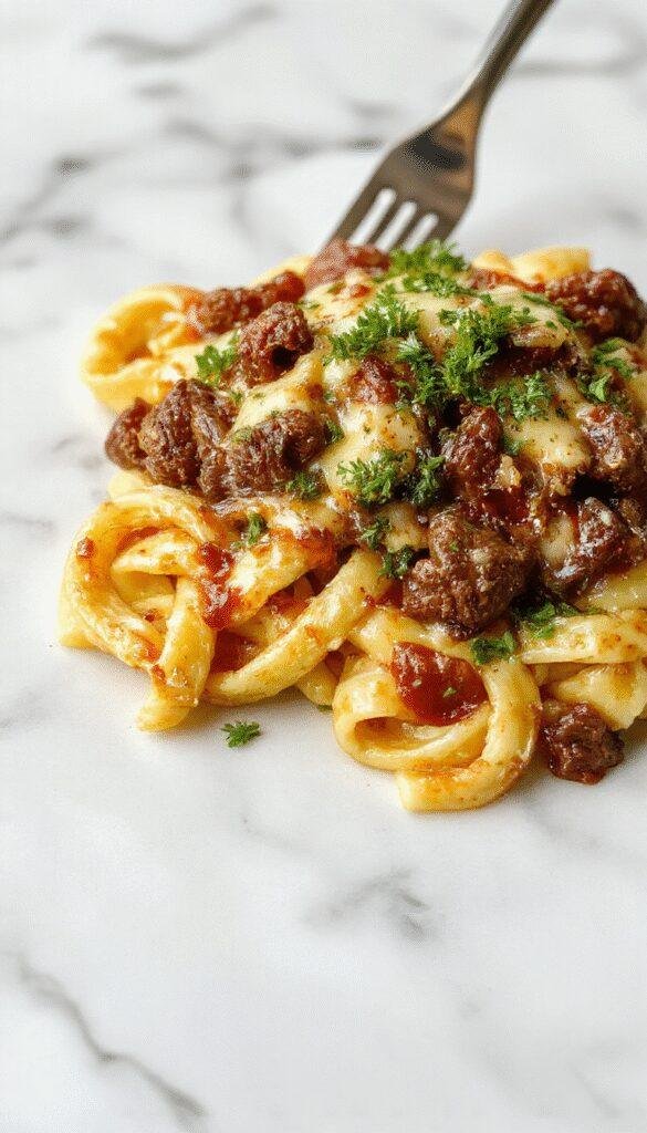 A colorful plate of Philly Cheese Steak Pasta featuring tender sliced beef, melted cheese, and vibrant peppers on a creamy pasta bed, garnished with fresh herbs.