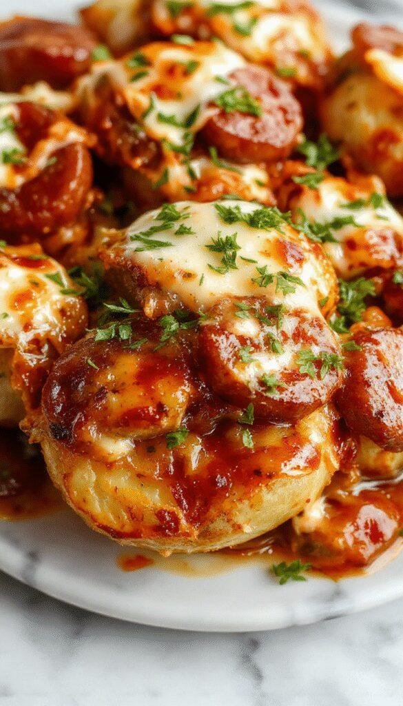 A roasted potato bake topped with slices of smoked sausage and garnished with fresh herbs, served on a rustic platter.