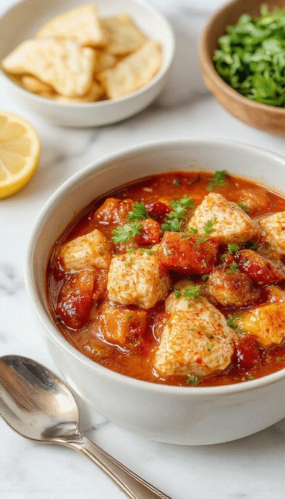 A rustic bowl of slow cooker chicken stew with tender chicken pieces, colorful vegetables like carrots, potatoes, and celery, garnished with fresh herbs, served on a wooden table with a spoon, showcasing warm, hearty textures and inviting colors