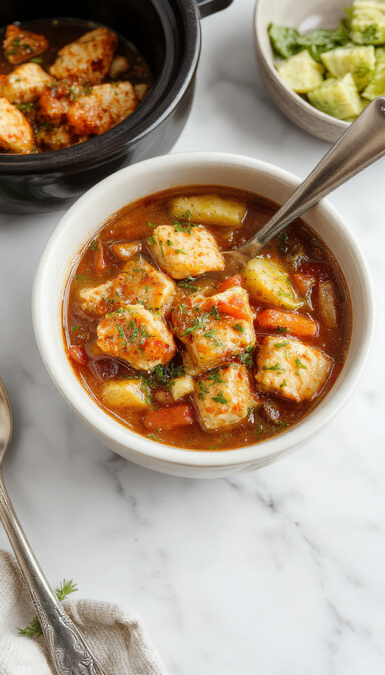 A rustic white bowl filled with a thick, hearty chicken stew featuring tender chicken pieces, vibrant carrots, potatoes, celery, and green peas, topped with fresh herbs, set on a wooden table with a warm ambiance and soft natural light highlighting the colorful ingredients.