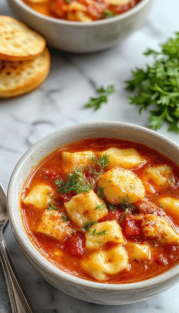 A vibrant bowl of tomato tortellini soup featuring plump tortellini submerged in a rich, red tomato broth garnished with fresh basil and grated cheese, presented on a rustic wooden table with a side of crusty bread and a spoon ready to serve, showcasing the luscious textures and warm hearty appeal.