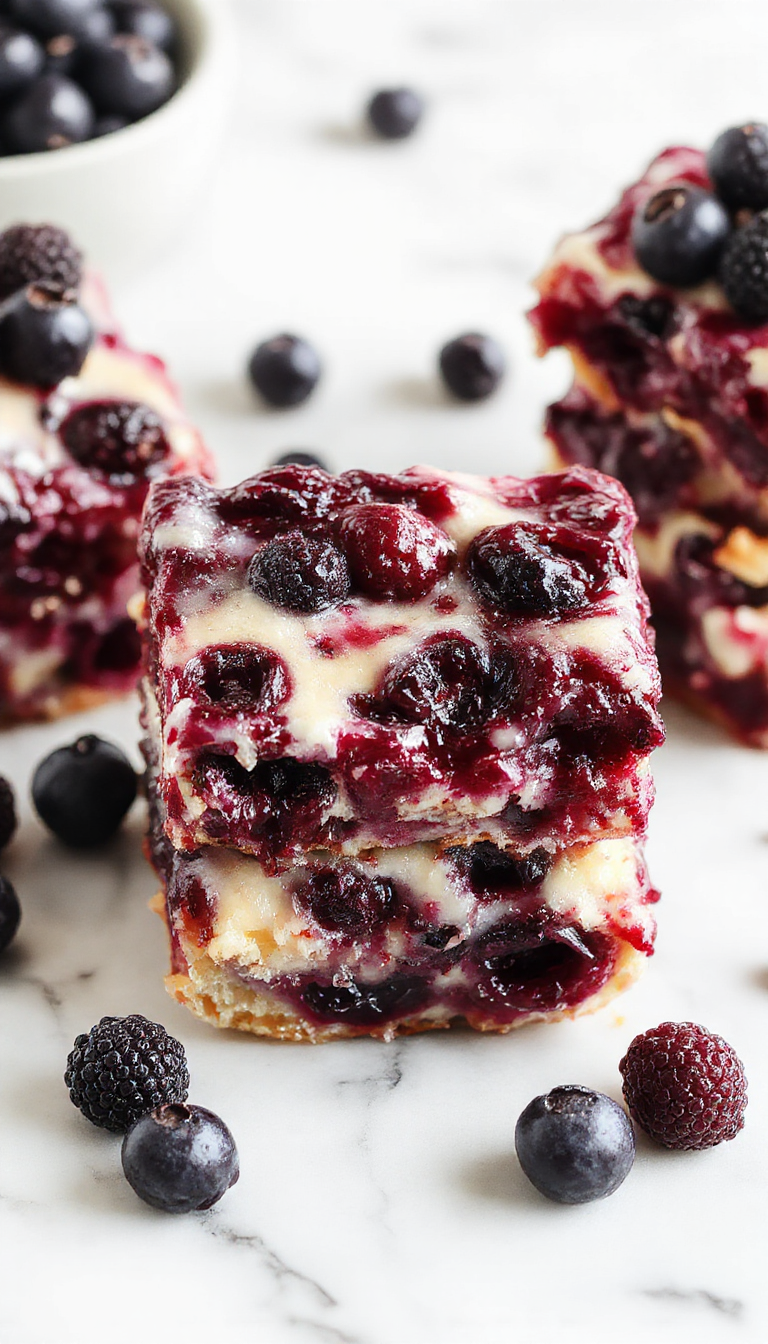 Close-up of Heavenly Blueberry Bliss Bars showcasing a golden crust topped with a vibrant blueberry filling and a dusting of powdered sugar.