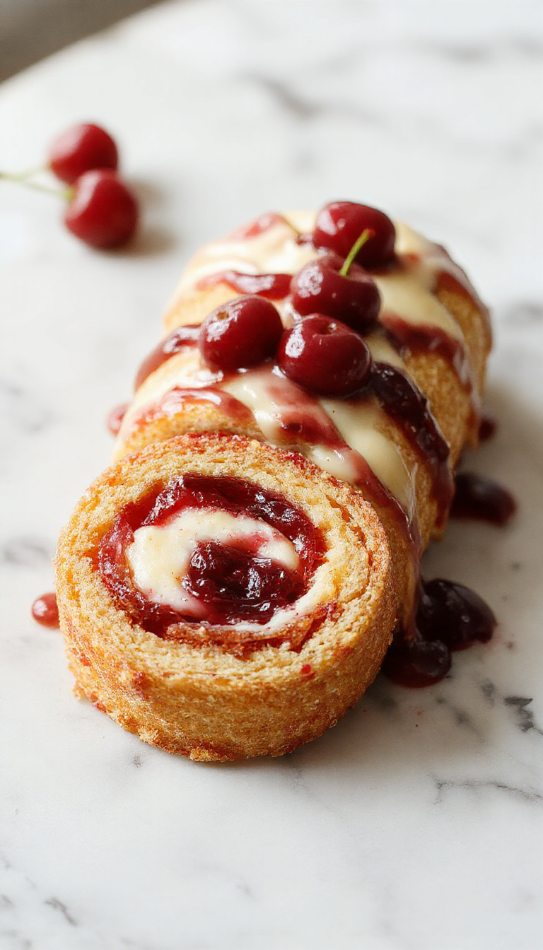 A beautifully plated cherry cheesecake cake roll sliced to reveal creamy filling and topped with fresh cherries and a dusting of powdered sugar, styled on a rustic wooden table with a vibrant background