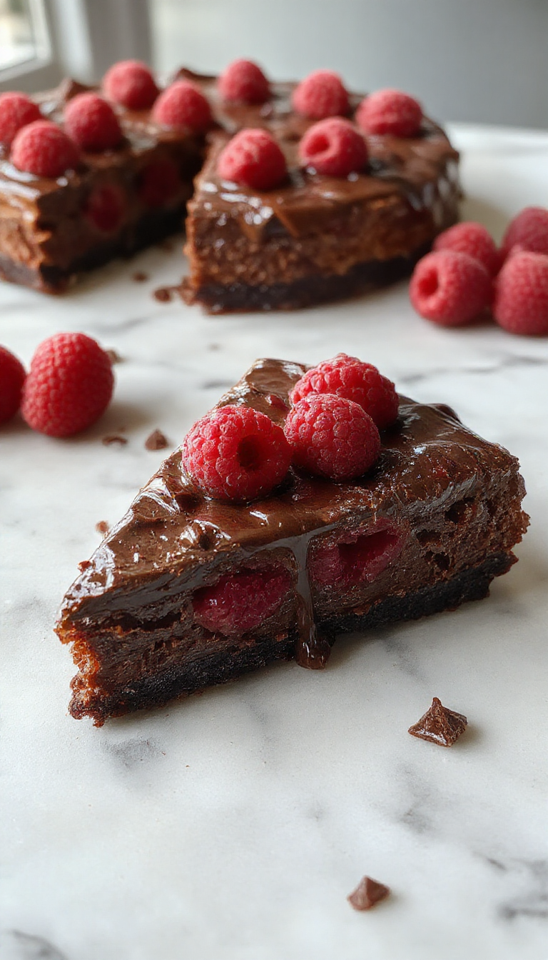A luscious slice of dark chocolate raspberry cheesecake on a elegant white plate, topped with fresh raspberries and a drizzle of chocolate sauce, with a smooth textured crust and vibrant red berries contrasting against the rich dark chocolate filling, styled with a cocoa dusted fork beside it on an inviting wooden table.