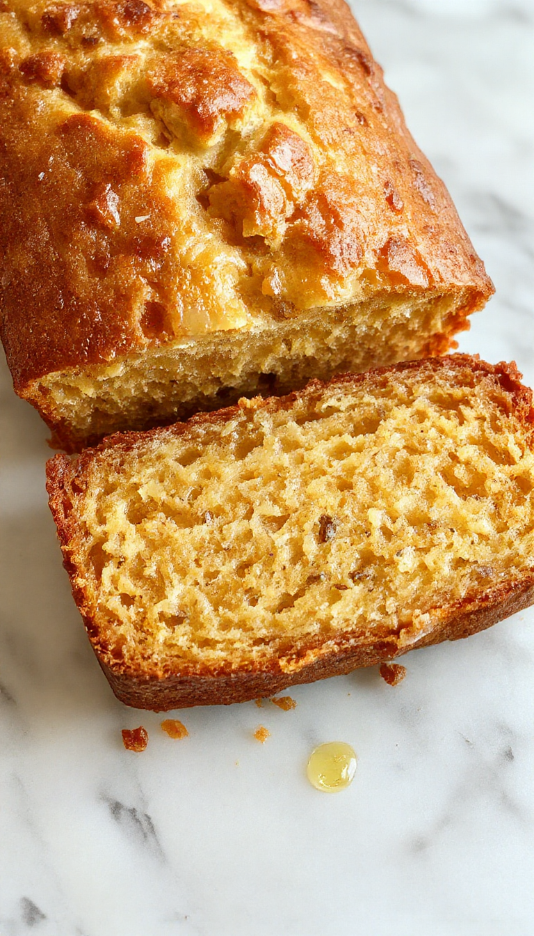 A slice of Heavenly Honey Vanilla Banana Bread on a rustic wooden plate, showcasing its golden fluffy texture with banana slices and a drizzle of honey.
