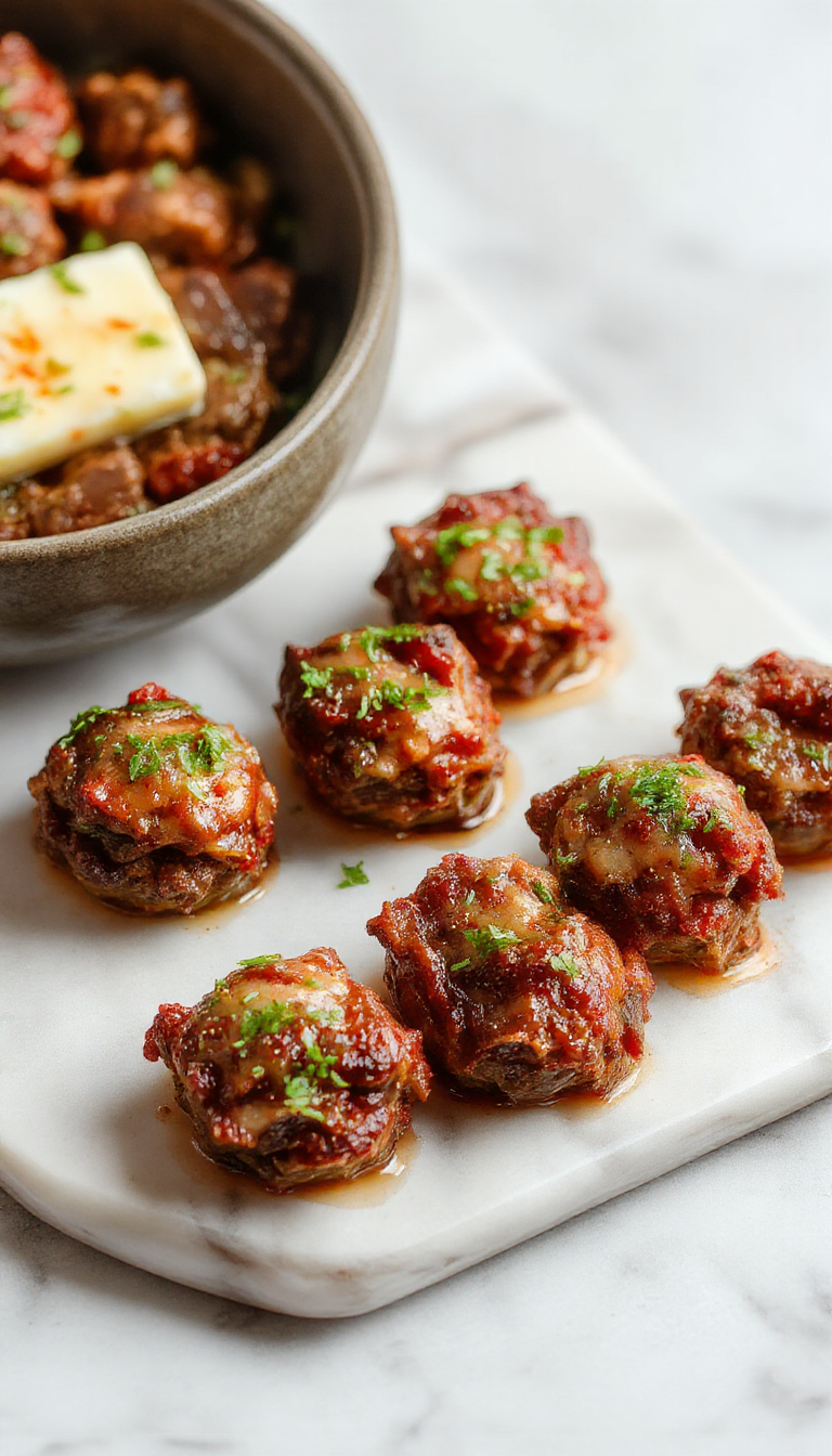 Succulent beef bites glazed with garlic butter, garnished with fresh herbs on a rustic plate, showcasing a high-protein, flavorful dish.