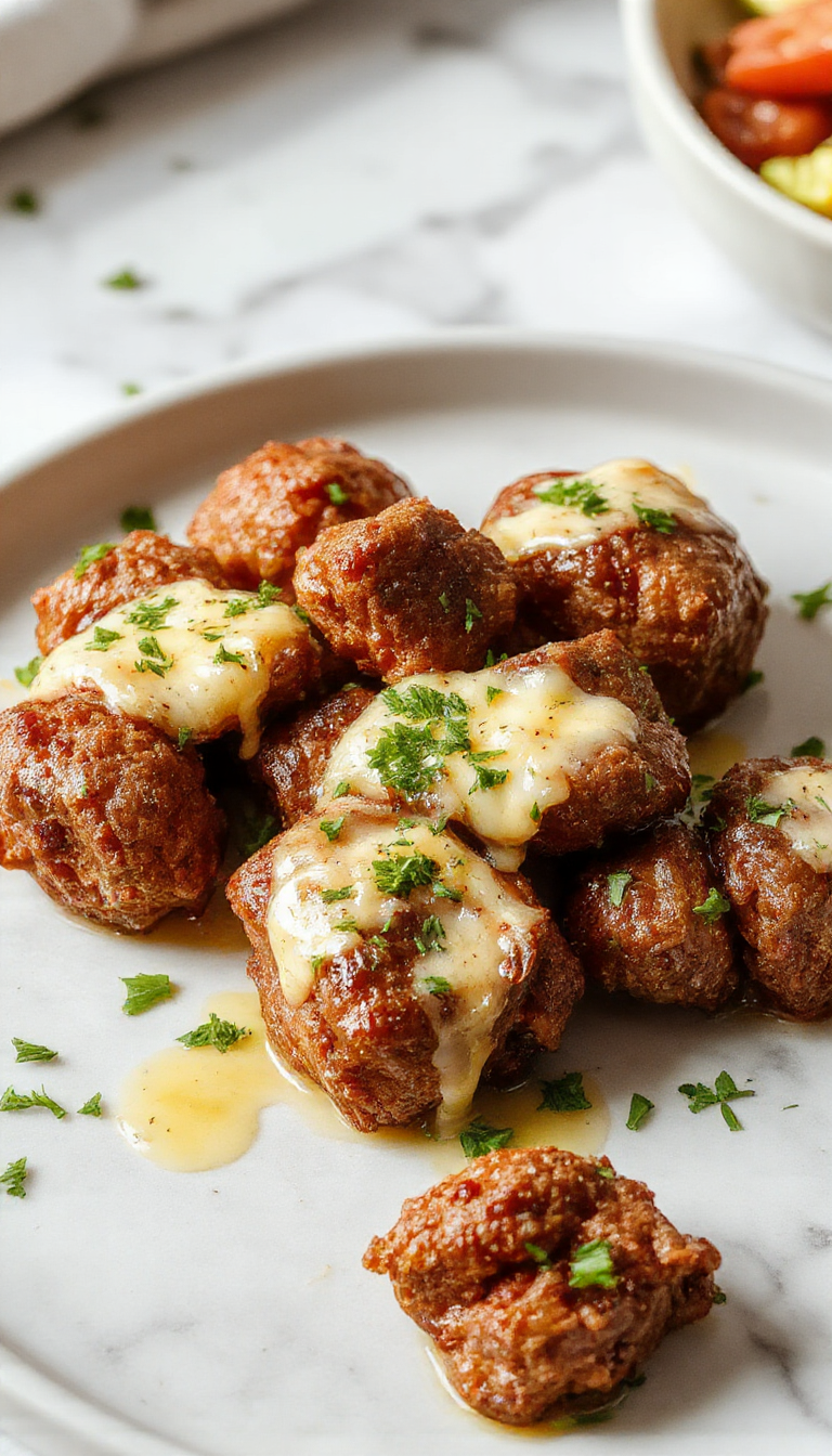 Close-up of juicy beef bites coated in golden garlic butter sauce, arranged on a white plate with fresh herbs on top, vibrant colors, and crispy edges highlighting tender texture