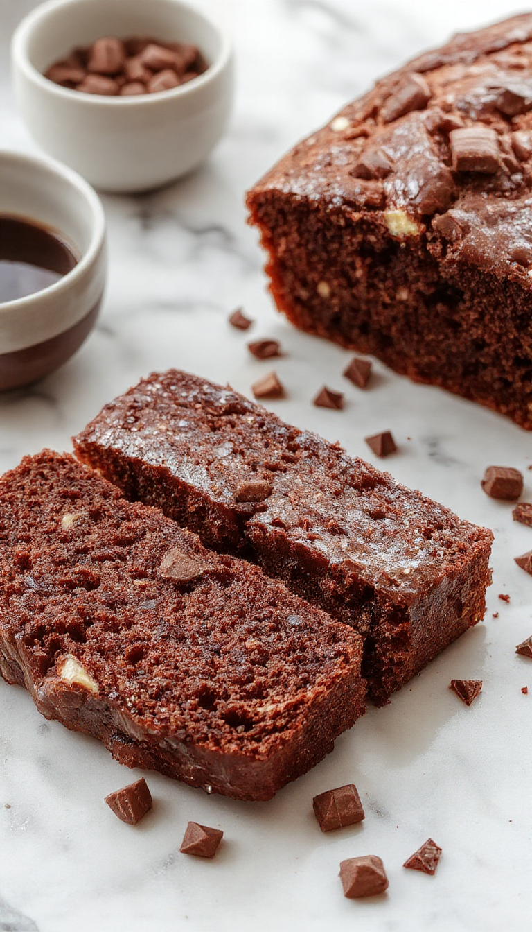 A slice of Holiday Chocolate Espresso Banana Bread on a plate, garnished with chocolate shavings and a cup of coffee in the background.