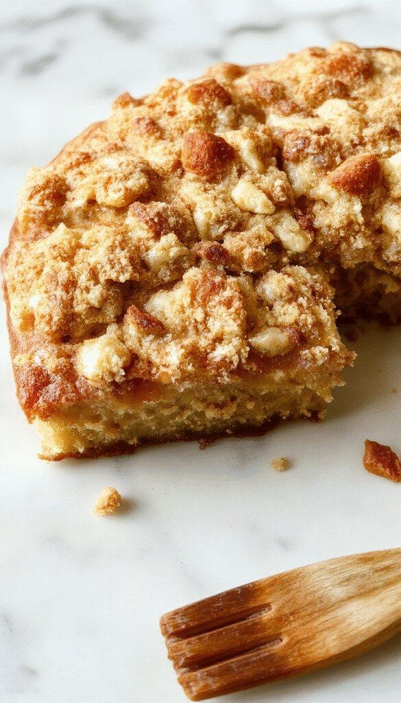 A slice of homemade banana crumb cake showing a golden crumb topping and ripe banana slices on a white plate.