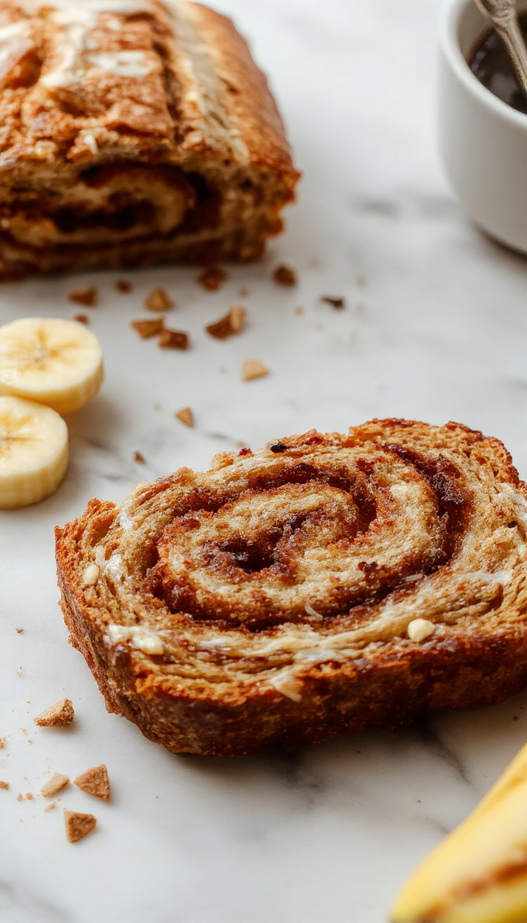 A golden-brown banana bread with a swirling cinnamon pattern on top, sliced revealing moist interior with banana chunks, garnished with a sprinkle of cinnamon and served on a rustic wooden platter with fresh bananas and cinnamon sticks in the background.