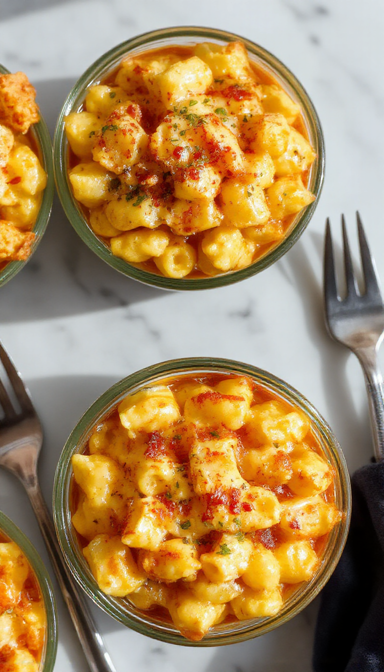 A creamy bowl of Honey BBQ Chicken Mac & Cheese topped with shredded cheese and garnished with chopped herbs, served with a side of fresh vegetables.