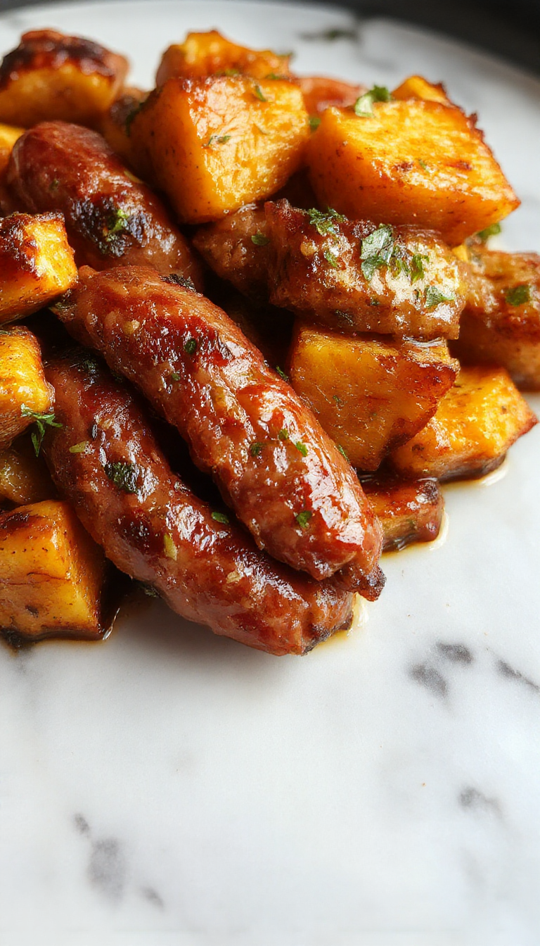 A sizzling skillet of honey garlic sausage served alongside roasted, caramelized sweet potatoes garnished with fresh herbs